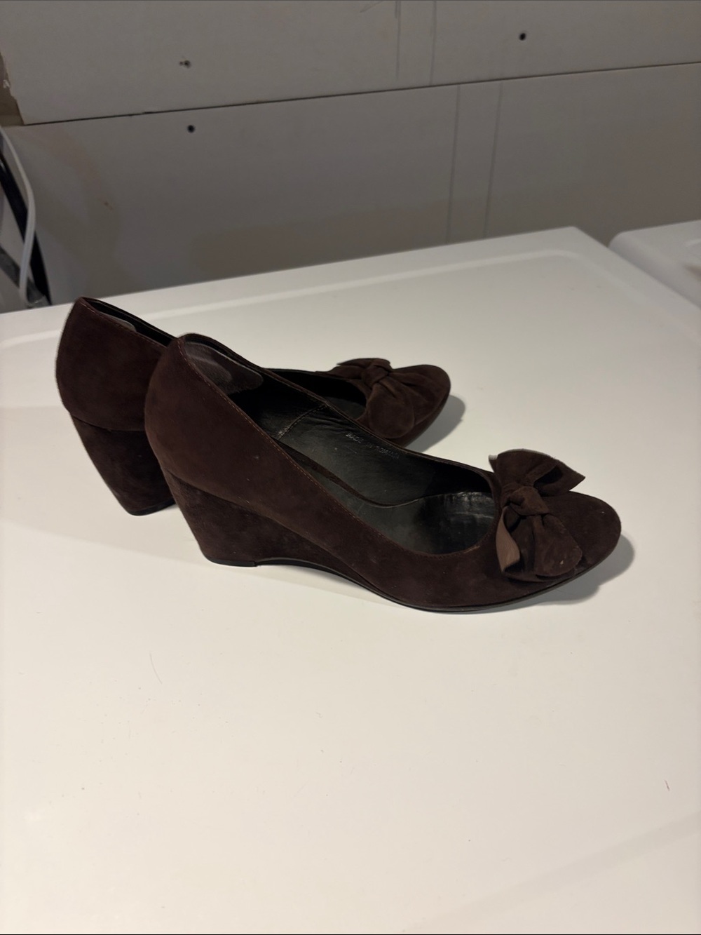 Town Shoes Women’s Brown Suede Wedge Pumps with Bow Detail